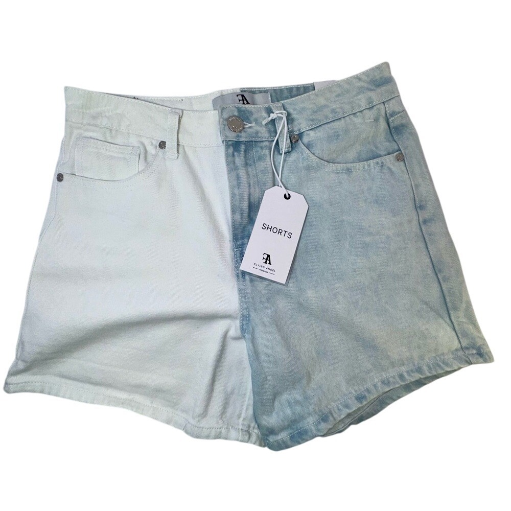 NWT Flying‎ Angel Split Wash Color Block Denim Shorts White Blue Size 13/31 Y2K